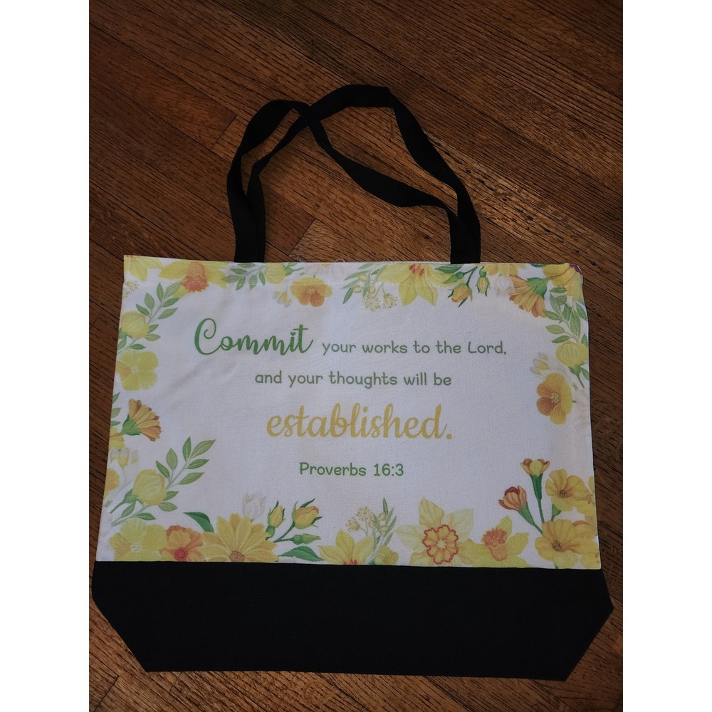 Proverbs 16:3 Bible Verse Floral‎ Canvas Tote Bag White Black Religious Shopper